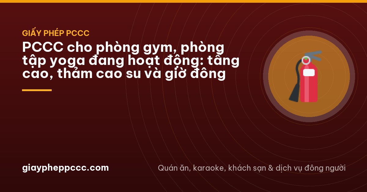 Evening gym on an upper floor in Hanoi seen from the back of the room, people running on treadmills facing windows, rubber floor, clear walkway to a stairwell door